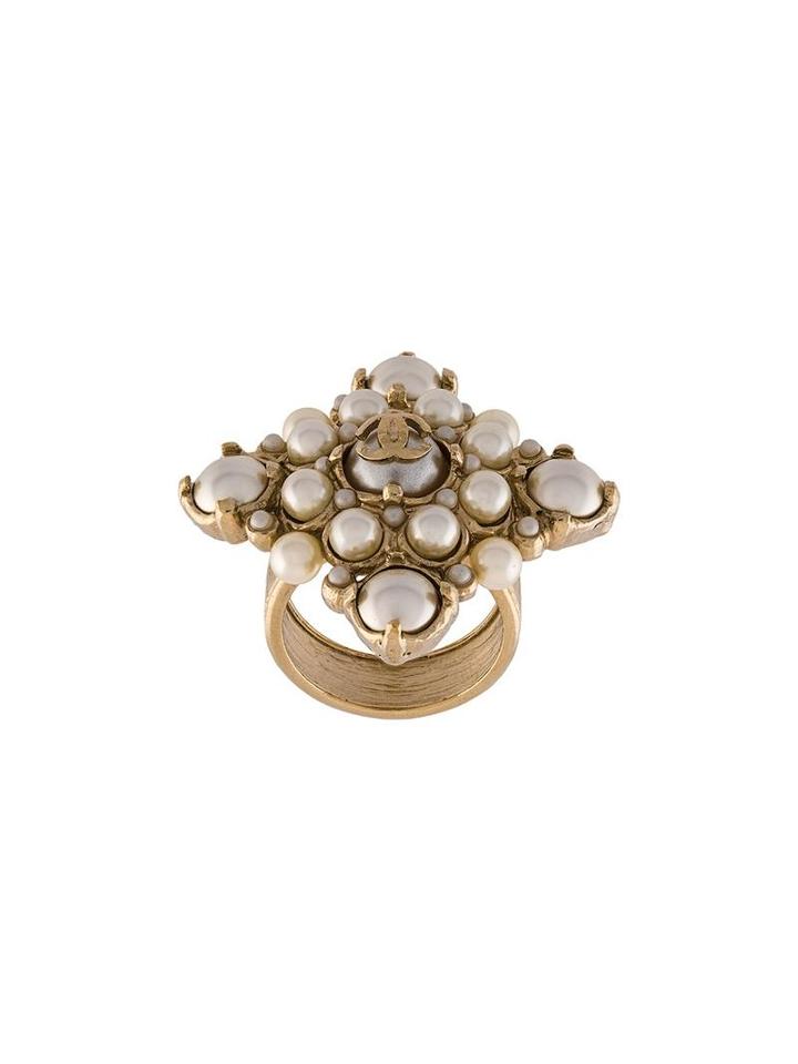 Chanel Vintage Cc Logo Pearl Shape Ring, Women's, Metallic