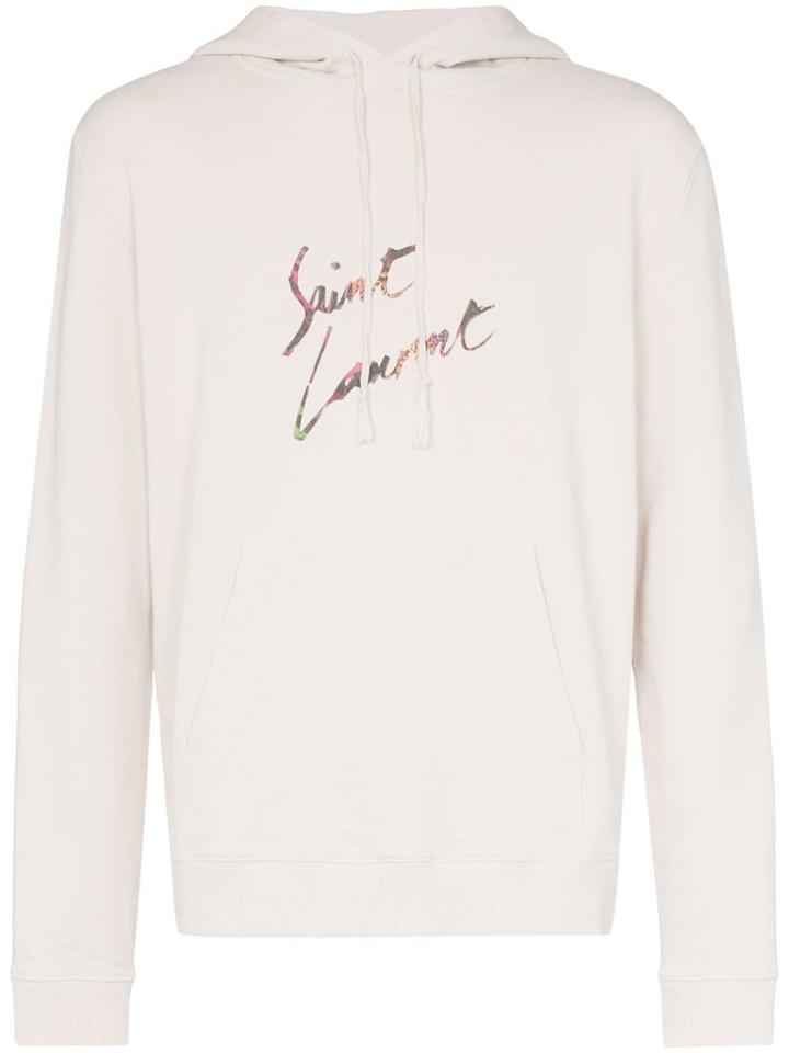 Saint Laurent Logo Print Hooded Cotton Jumper - Neutrals