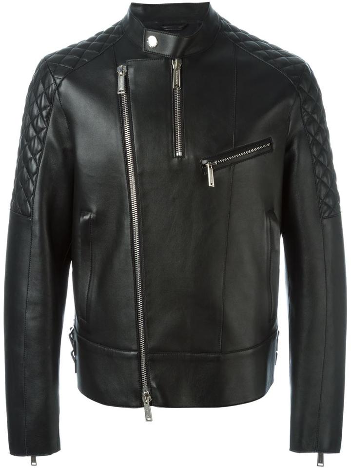 Dsquared2 Quilted Panel Biker Jacket, Men's, Size: 48, Black, Leather/polyamide/spandex/elastane/viscose