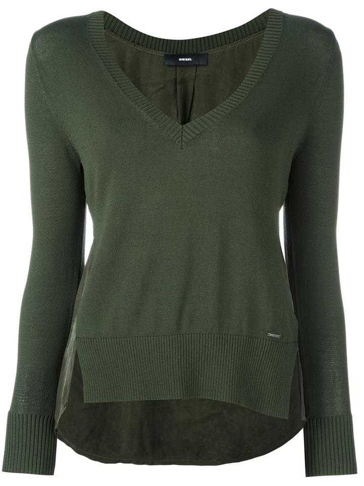 Diesel V-neck Panelled Jumper, Women's, Size: Small, Green, Cupro/viscose/nylon