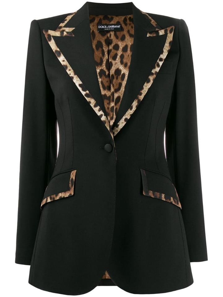 Dolce & Gabbana Leopard Print Trim Fitted Blazer - Black