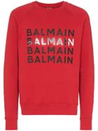 Balmain Logo Print Crew Neck Sweatshirt - Red