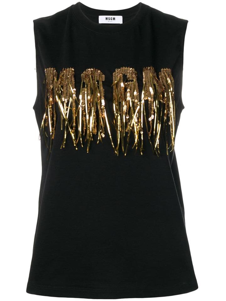 Msgm Sequin Logo Top - Black