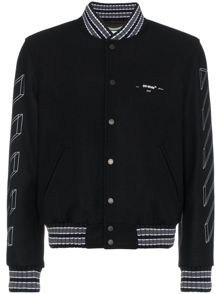 Off-white Diagonal 3d Line Wool Blend Varsity Bomber Jacket - Black