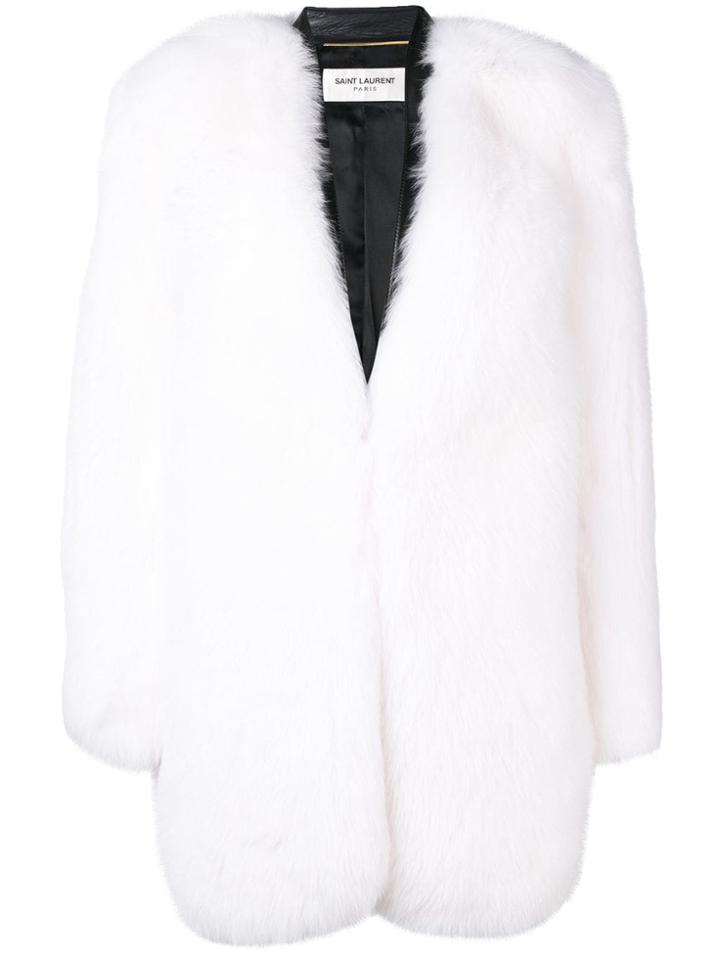 Saint Laurent Collarless Fur Coat - White