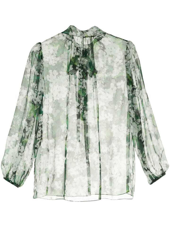 Dolce & Gabbana White Geranium Printed Pussybow Blouse - Green