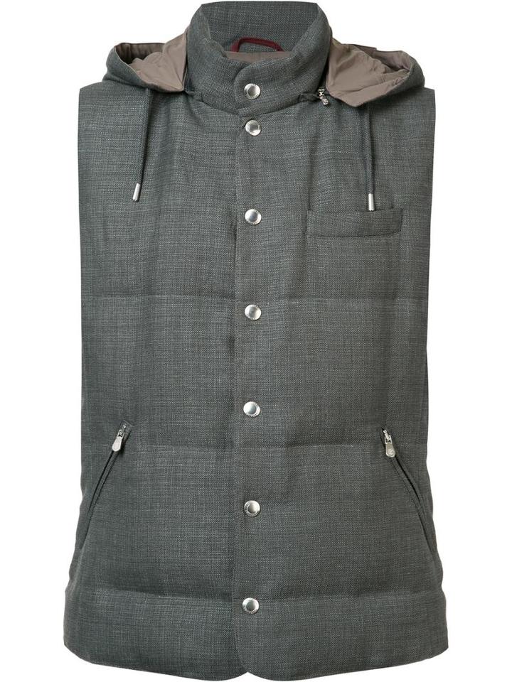 Brunello Cucinelli Padded Hooded Gilet, Men's, Size: 54, Grey, Linen/flax/wool/silk