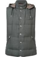 Brunello Cucinelli Padded Hooded Gilet, Men's, Size: 54, Grey, Linen/flax/wool/silk