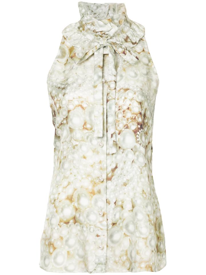Boutique Moschino Pearl Print Ruffle Neck Blouse - White