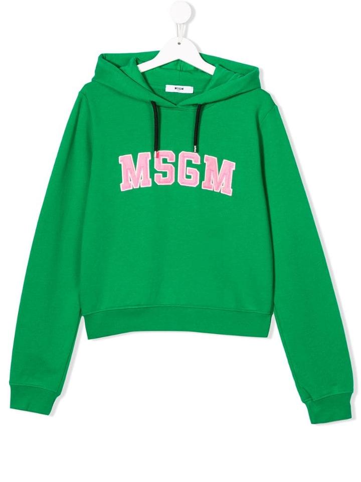 Msgm Kids Teen Logo Embroidered Hoodie - Green