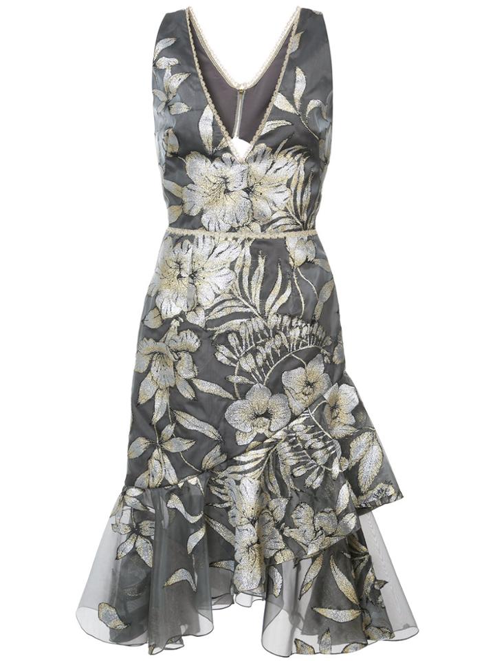 Marchesa Notte Metallic Embroidered Fluted Midi Dress - Grey