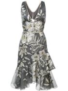 Marchesa Notte Metallic Embroidered Fluted Midi Dress - Grey