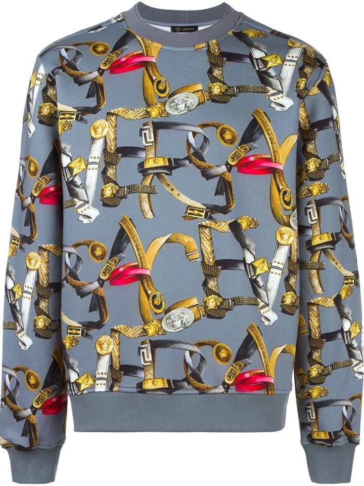 Versace Belt Print Sweatshirt, Men's, Size: Medium, Grey, Cotton