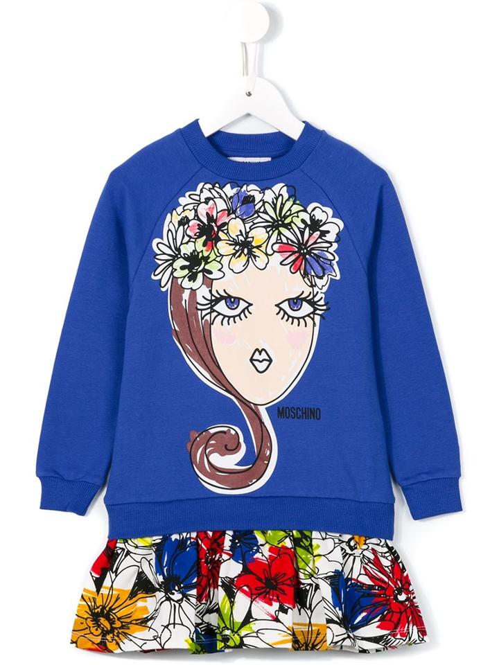 Moschino Kids Floral Crown Girl Sweatshirt Dress, Size: 12 Yrs, Blue