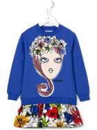 Moschino Kids Floral Crown Girl Sweatshirt Dress, Size: 12 Yrs, Blue