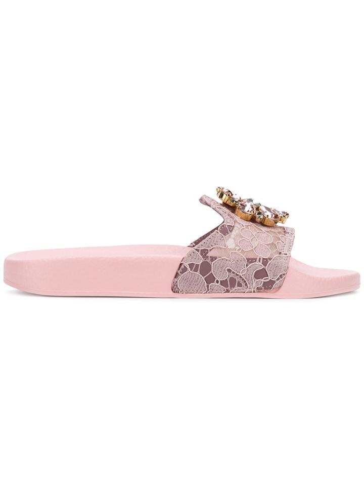 Dolce & Gabbana Crystal-embellished Lace Slides - Pink & Purple