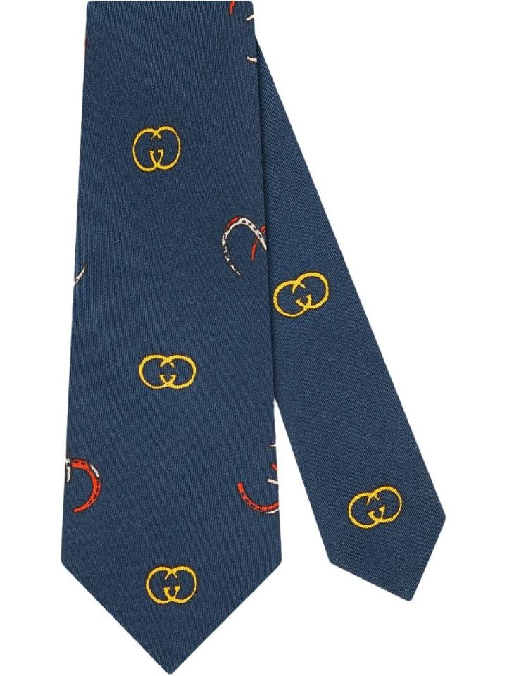 Gucci Silk Tie With Gg Horseshoe Print - Blue