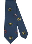Gucci Silk Tie With Gg Horseshoe Print - Blue