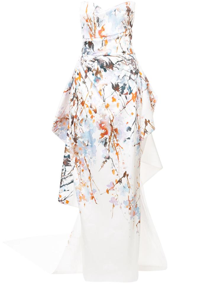 Monique Lhuillier Mikado Splash Print Column Gown - White