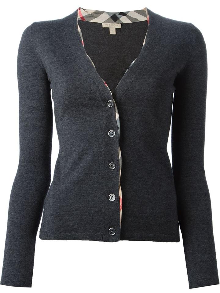 Burberry Check Trim V-neck Cardigan, Women's, Size: Small, Grey, Wool