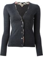 Burberry Check Trim V-neck Cardigan, Women's, Size: Small, Grey, Wool