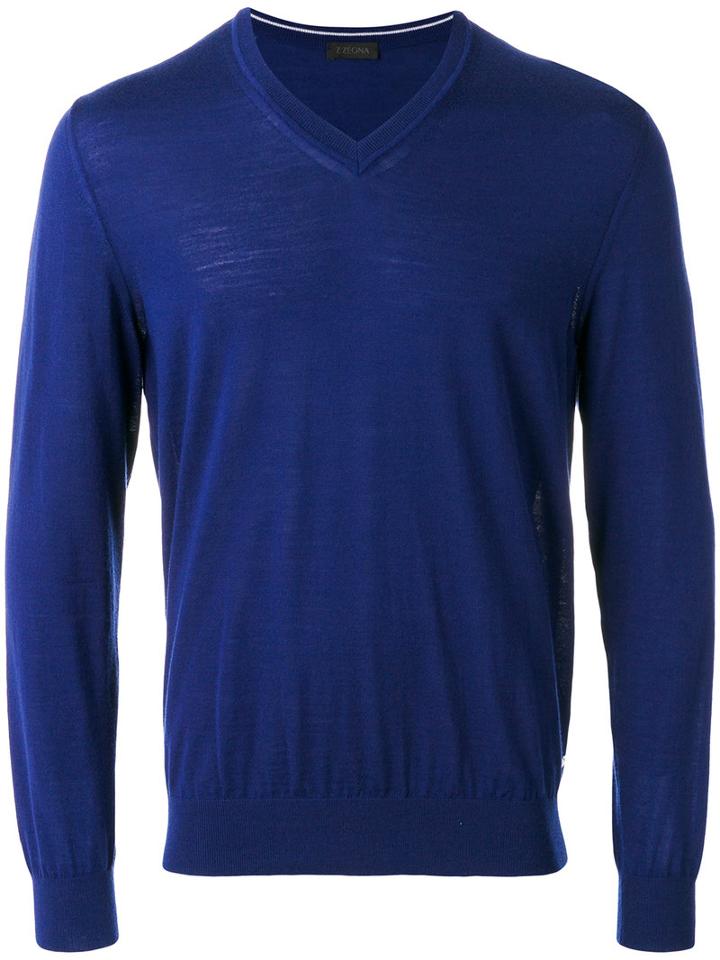 Z Zegna V-neck Jumper, Men's, Size: Medium, Blue, Wool