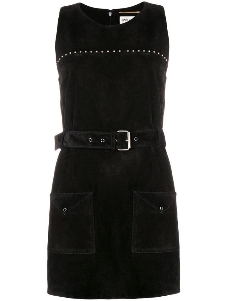 Saint Laurent Calf Leather Belted Studded Dress - Black