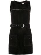 Saint Laurent Calf Leather Belted Studded Dress - Black