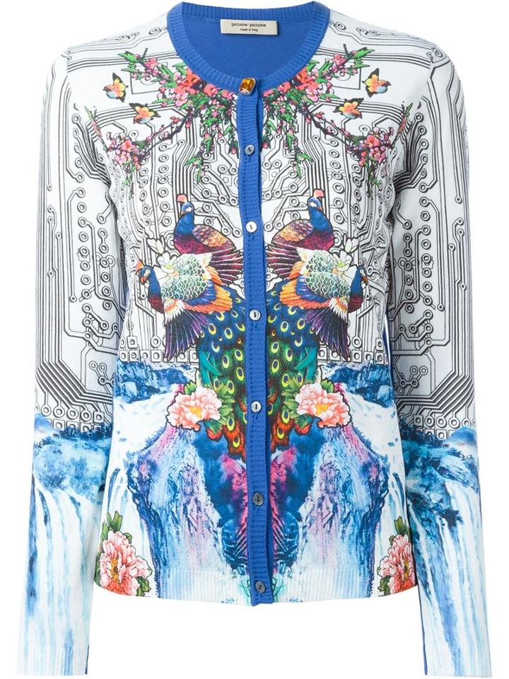Piccione. Piccione Peacock Print Contrast Trim Button Down Cardigan