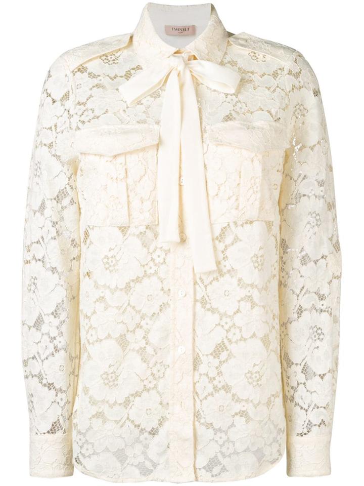 Twin-set Ribbon Tie Lace Shirt - Neutrals