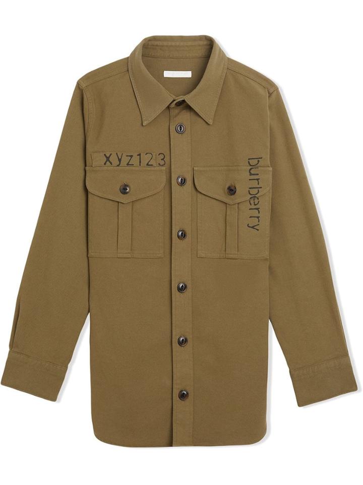 Burberry Kids Stencil Print Cotton Wool Army Shirt - Green