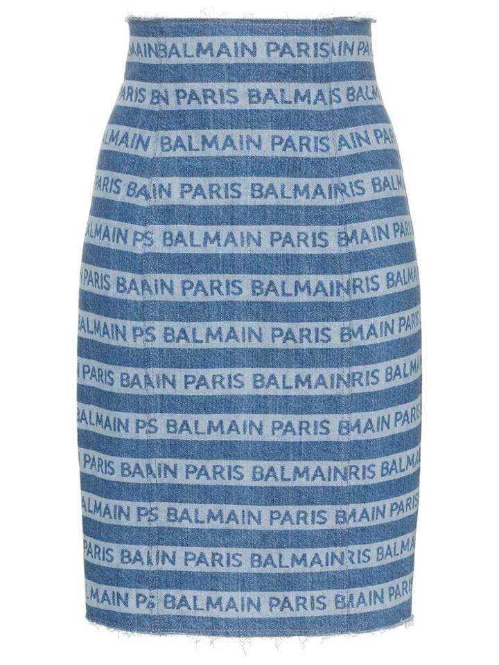 Balmain Denim Logo High Waisted Skirt - Blue