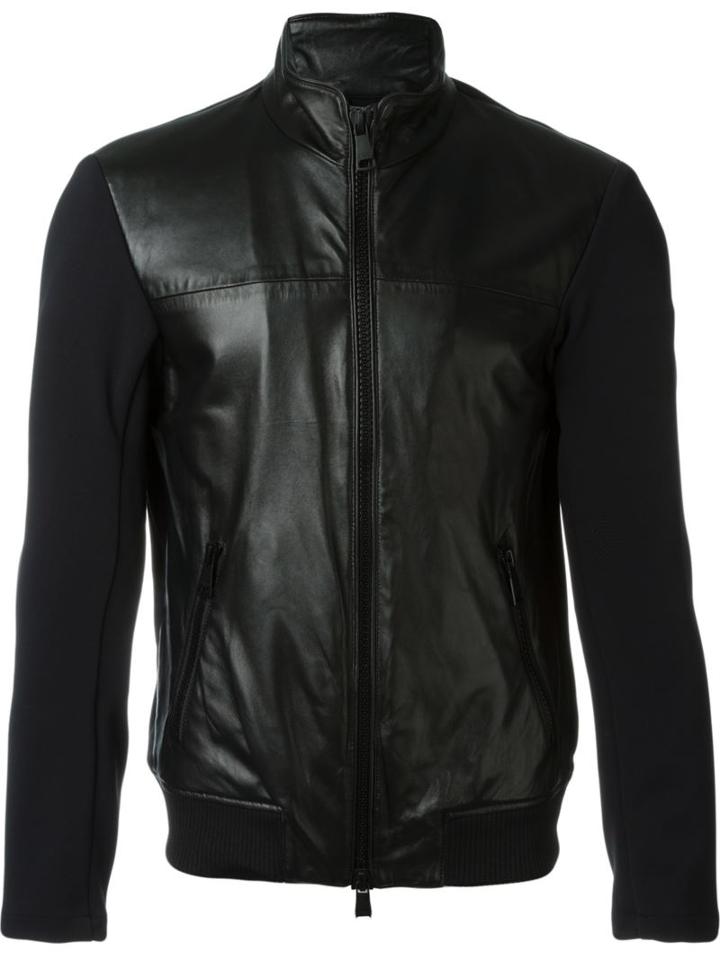 Emporio Armani Zipped Jacket, Men's, Size: Xxl, Black, Calf Leather/polyester/spandex/elastane