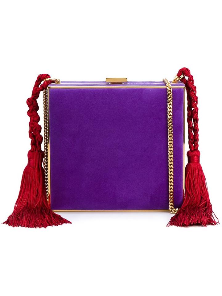 Alessandra Rich Tasselled Square Clutch, Women's, Pink/purple, Leather/suede/metal
