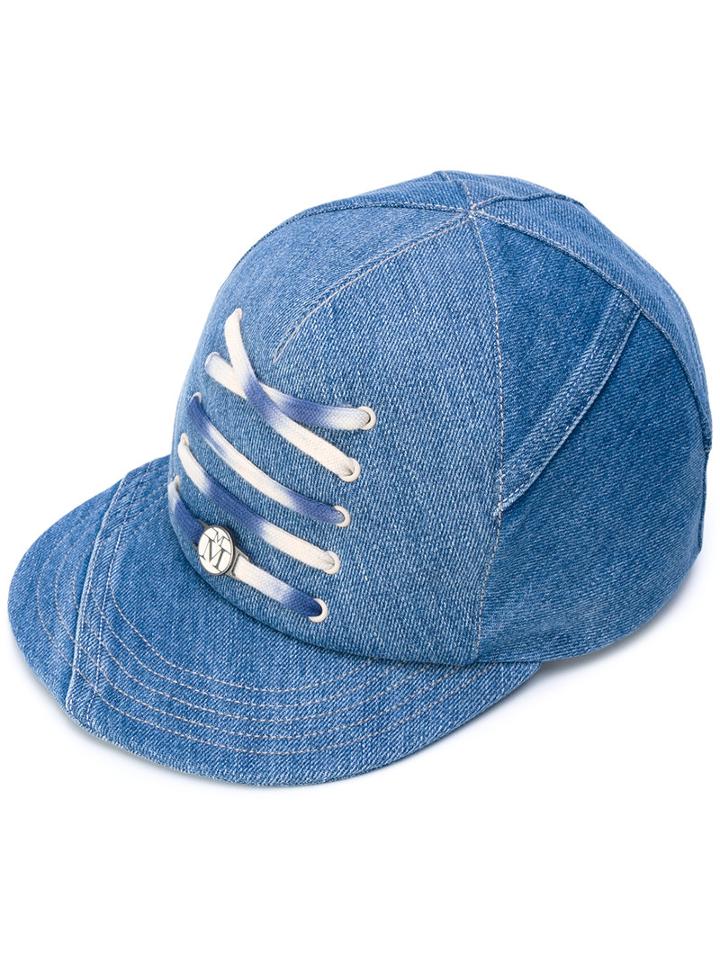 Maison Michel - Lace-up Detail Denim Cap - Women - Cotton - S, Blue, Cotton