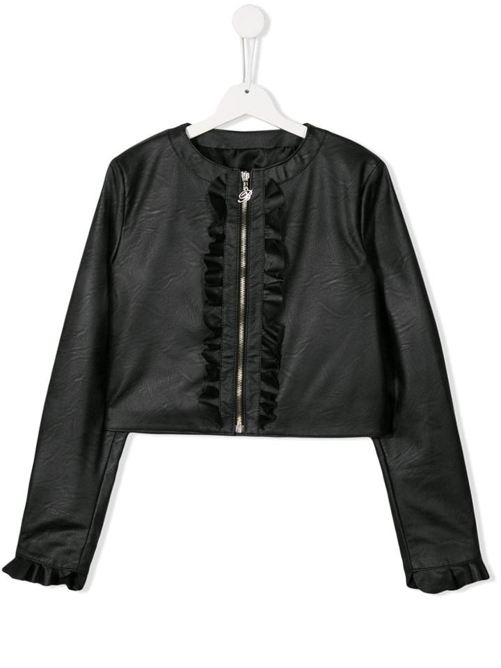 Miss Blumarine Frilled Satin Bomber Jacket - Black