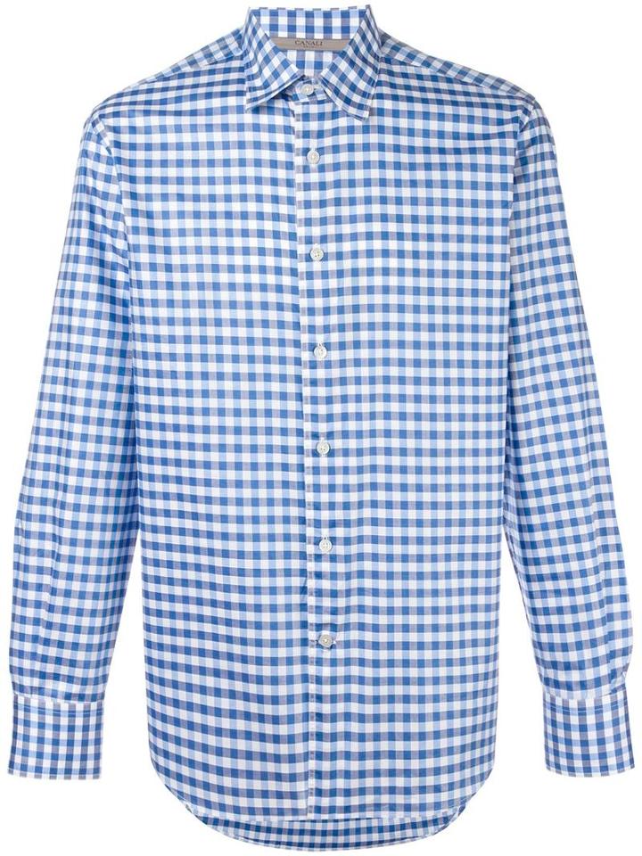 Canali Checked Shirt, Men's, Size: Small, White, Cotton