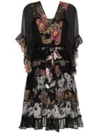 One Vintage Floral Print Ruffled Dress - Black