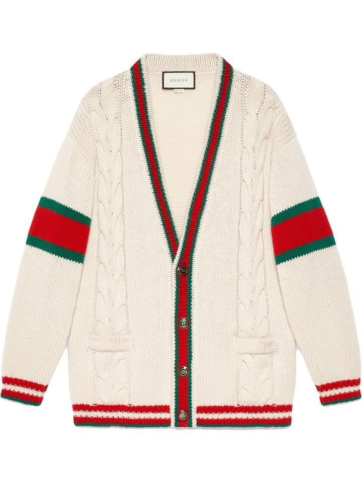 Gucci Web Cable Knit Wool Cardigan - White