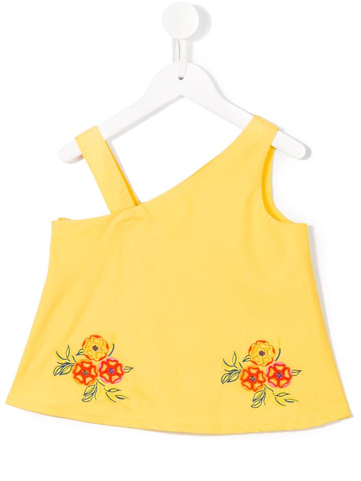Msgm Kids Floral Embroidered Asymmetric Sleeve Top, Girl's, Size: 8 Yrs, Yellow/orange
