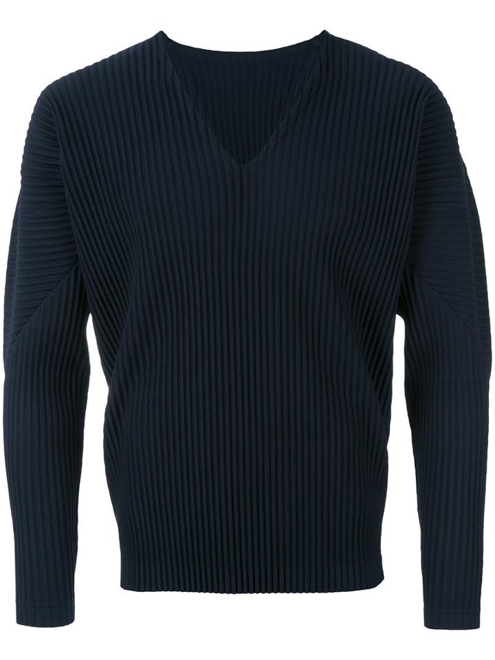 Homme Plissé Issey Miyake - V-neck Ribbed Longsleeved T-shirt - Men - Polyester - M, Blue, Polyester