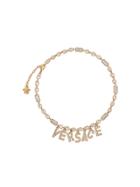 Versace Crystal Logo Pendant Necklace - Gold