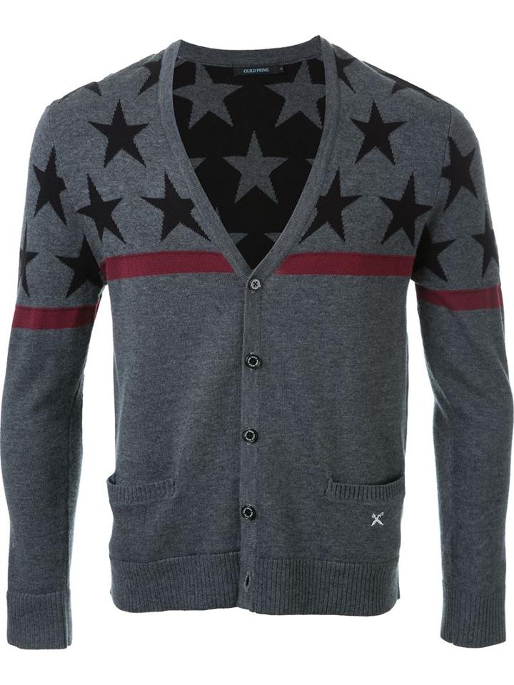 Guild Prime Star Pattern V-neck Cardigan, Men's, Size: 1, Grey, Cotton/acrylic