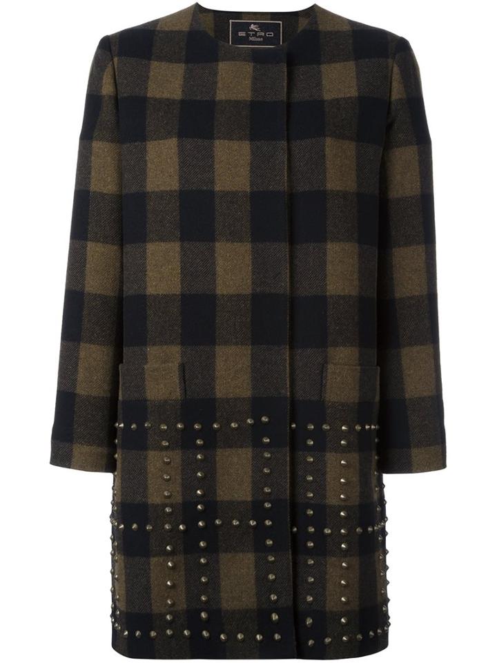 Etro Studded Checked Coat, Women's, Size: 42, Black, Silk/polyamide/acetate/wool