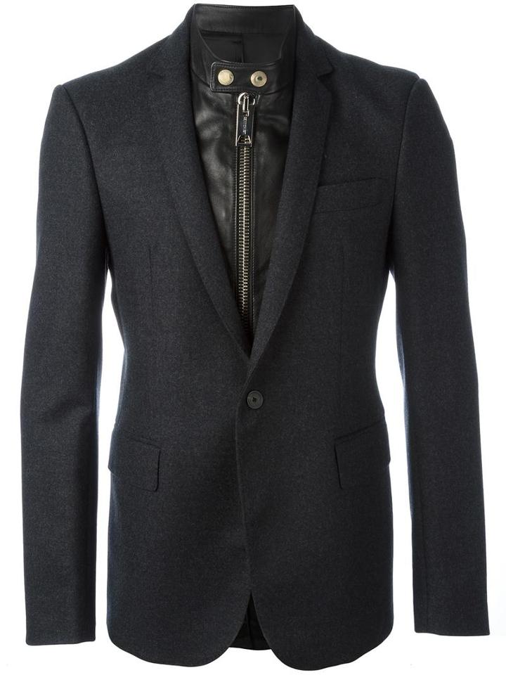 Les Hommes - Layered Effect Mixed Media Blazer - Men - Leather/polyamide/spandex/elastane/virgin Wool - 50, Black, Leather/polyamide/spandex/elastane/virgin Wool