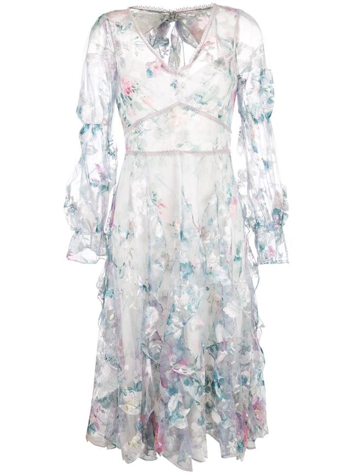 Marchesa Notte Floral Appliqué Ruffle Dress - Blue