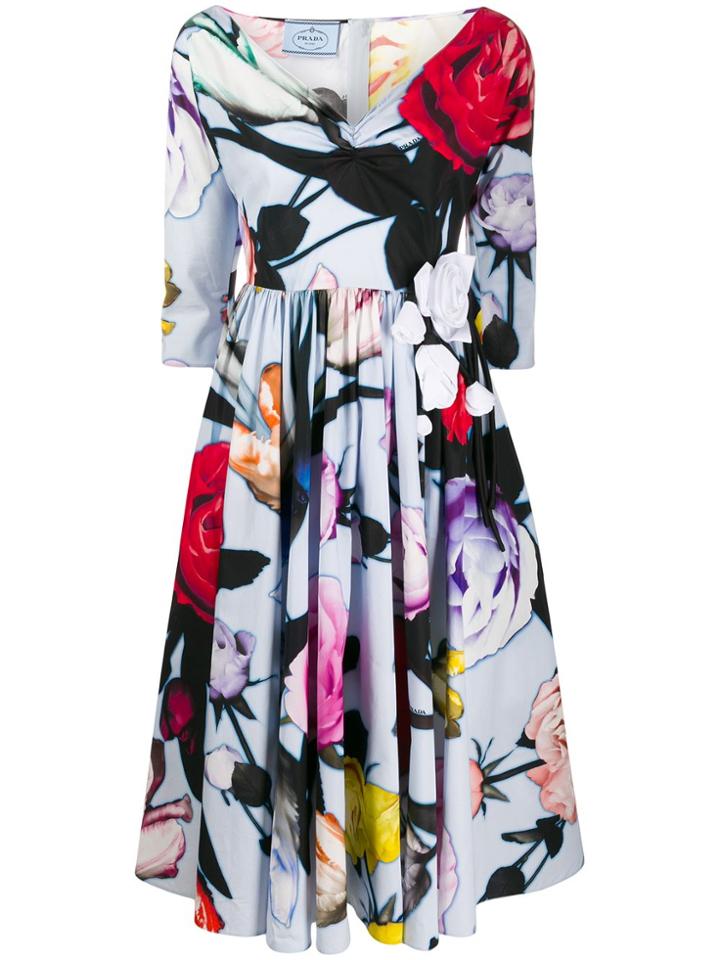 Prada Rose Embellished Poplin Dress - Blue