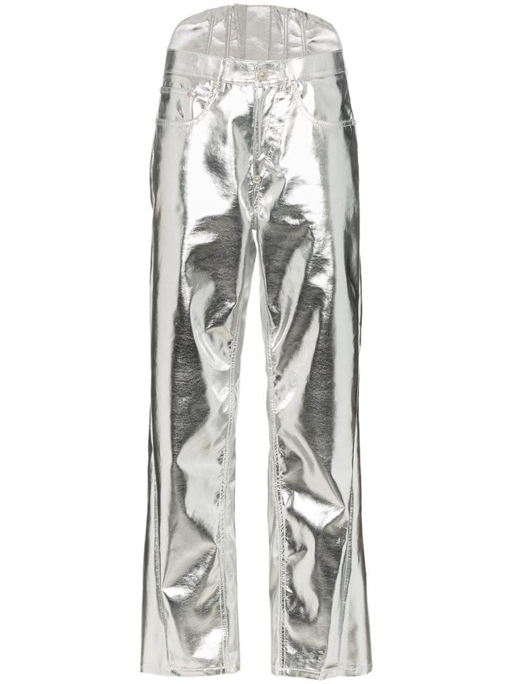 Pushbutton Straight-leg Corseted Metallic Trousers - Silver