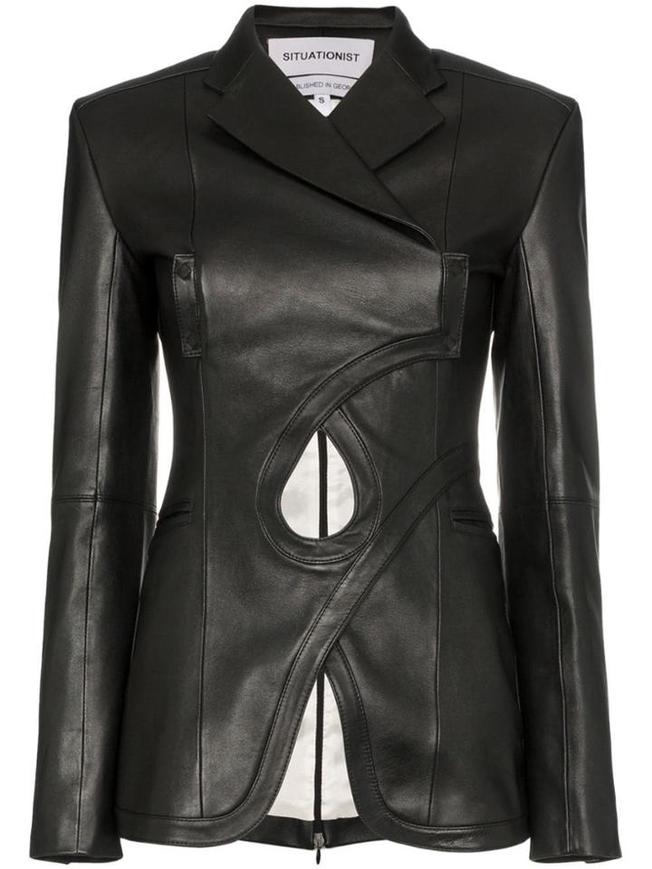 Situationist Cut-out Fitted Leather Blazer Jacket - Black
