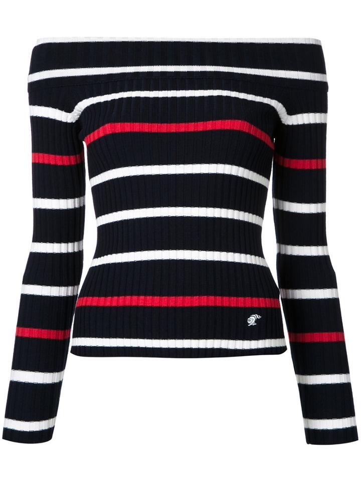 Loveless - Off Shoulder Striped Jumper - Women - Cotton/nylon/rayon - 34, Blue, Cotton/nylon/rayon